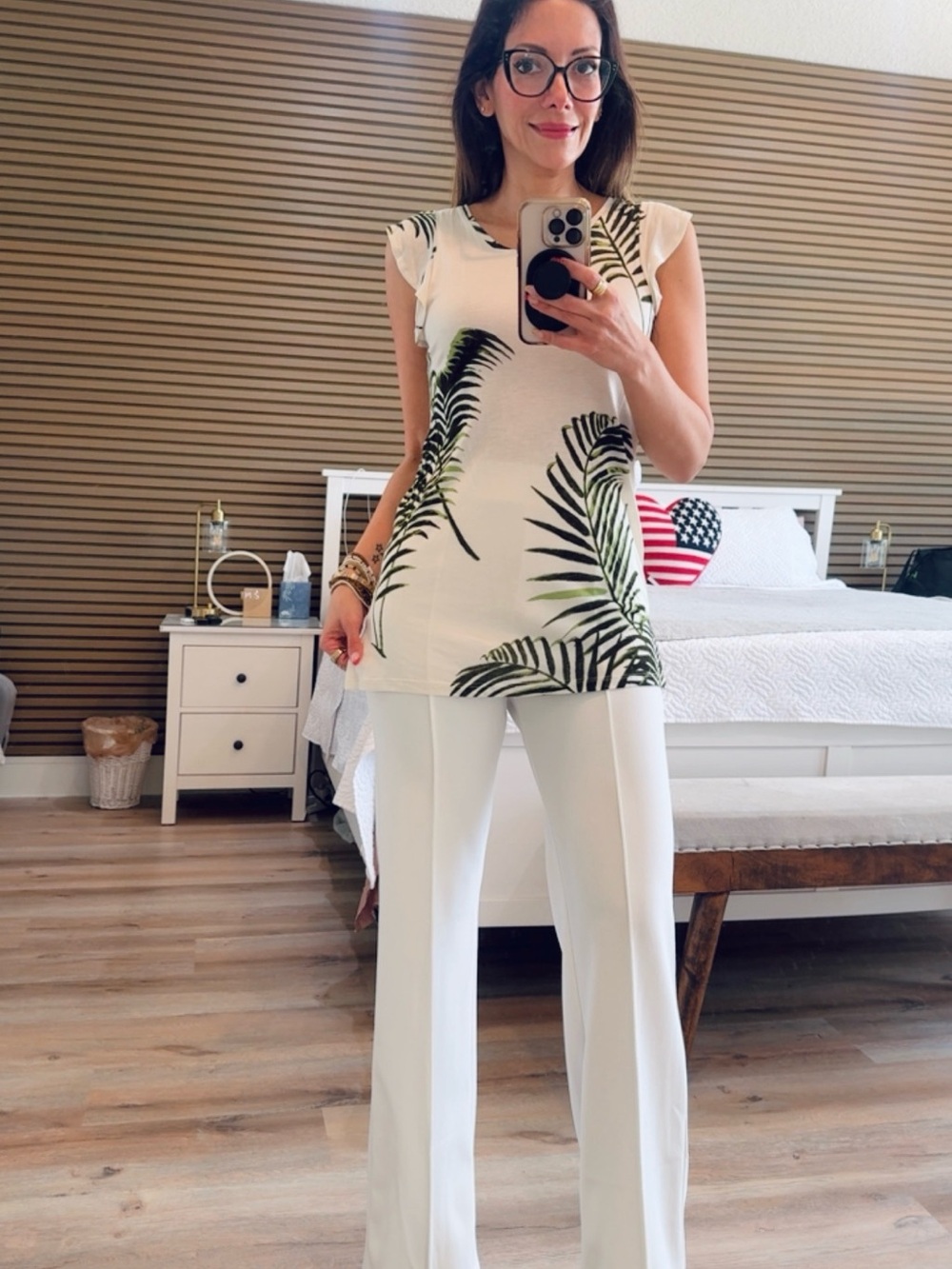 For The Republic White Palm-Print Cap-Sleeve Tunic